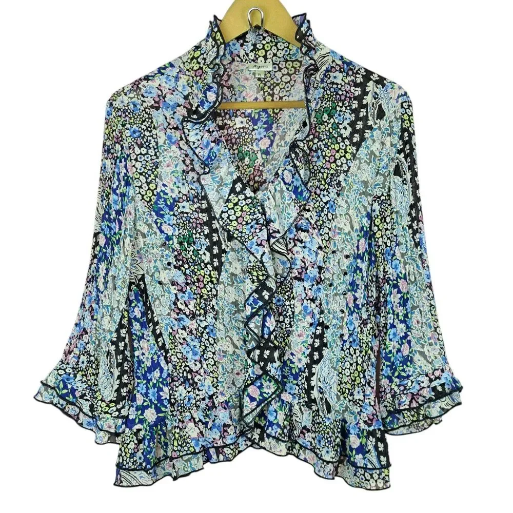 Agora Blouse Ruffle Long Sleeve Lightweight Size PL Floral Micro Print Petite